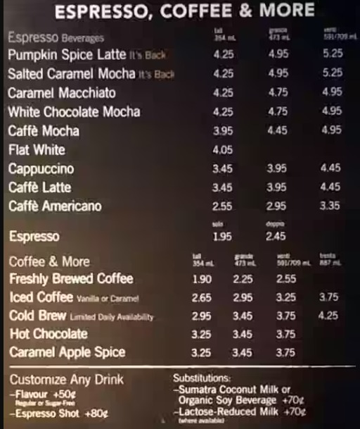 Starbucks Menu Canada & Latest Prices 2023