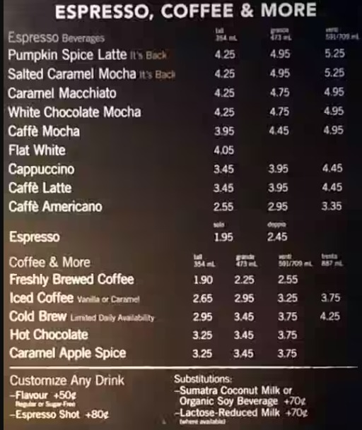 Starbucks Menu Canada Coffee