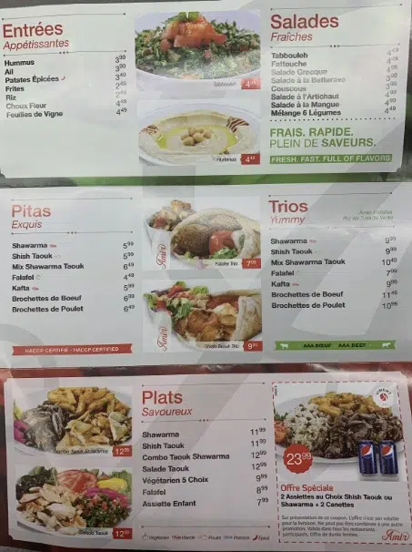 Amir Menu Canada List