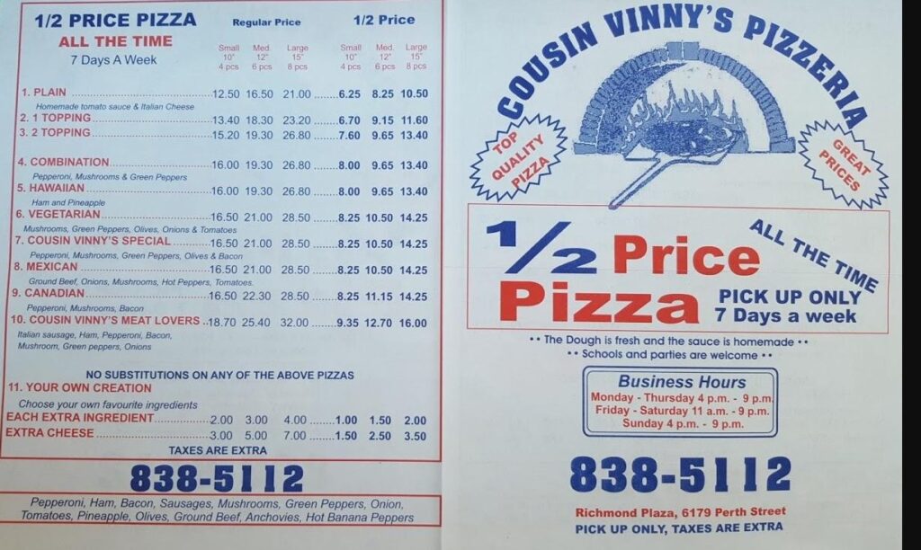 Cousin Vinny's Pizza Menu Canada List