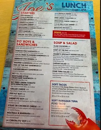 Crabby Joe’s Menu Canada List