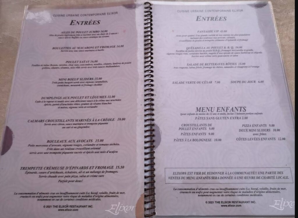 Elixor Menu Canada List