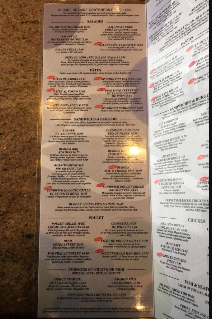 Elixor Menu Canada Price List