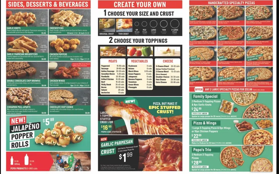 Papa John’s Menu Canada List