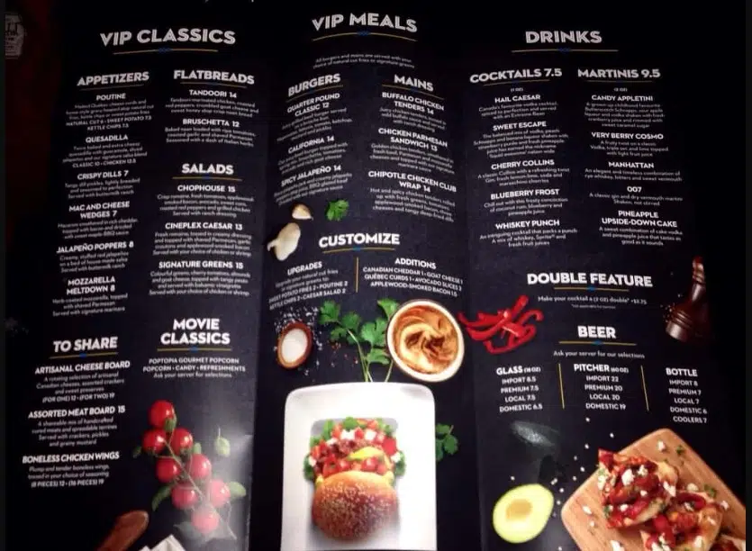 Cineplex VIP Menu Canada List