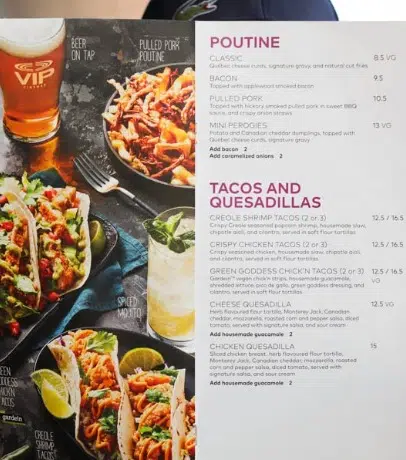 Cineplex VIP Menu Canada Price Tacos