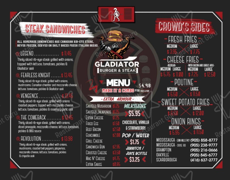 Gladiator Burger Menu Canada List