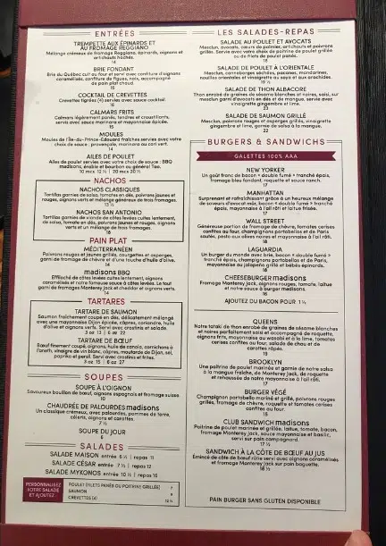 Madison's Restaurant & Bar Menu Canada Price