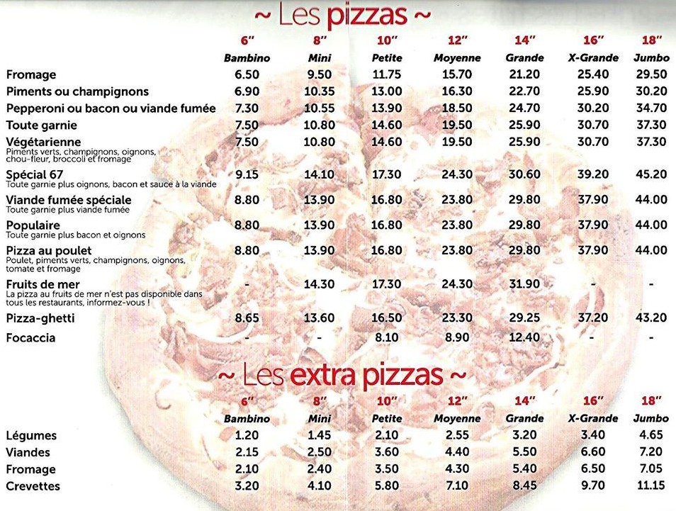 Pizzeria 67 Menu Canada Pizza