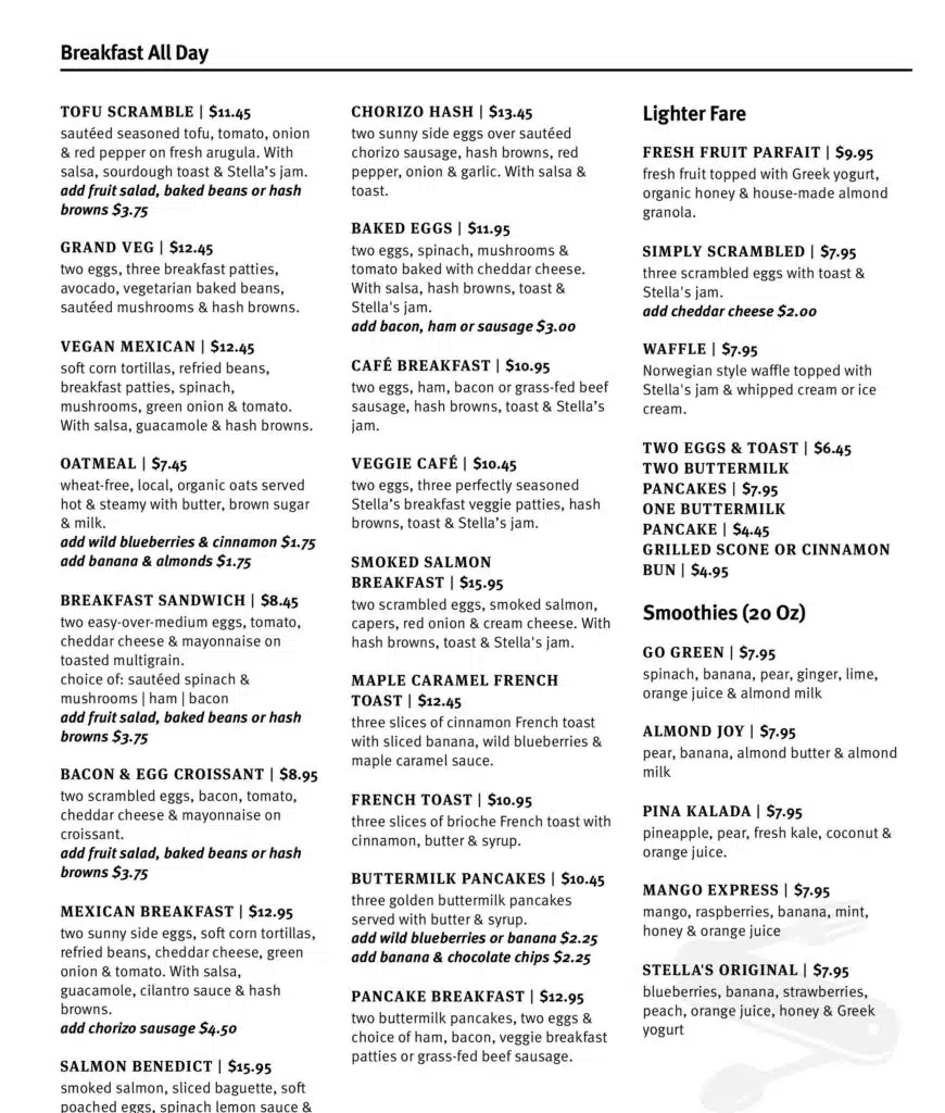 Stella’s Menu Canada Breakfast