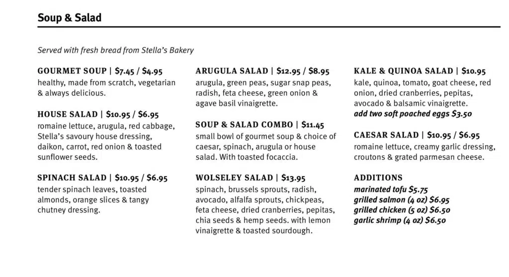 Stella’s Menu Canada Salads