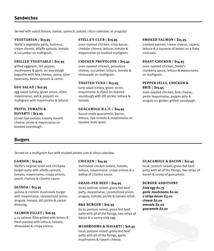 Stella’s Menu Canada Burgers