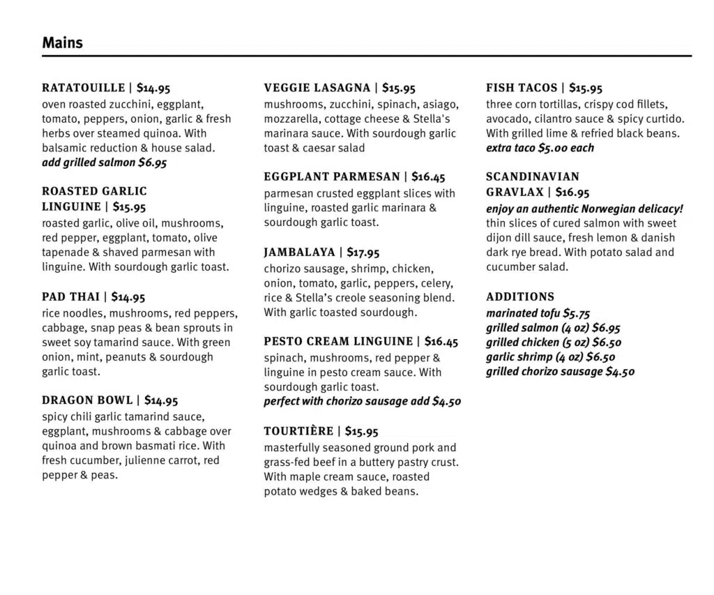 Stella’s Menu Canada Mains