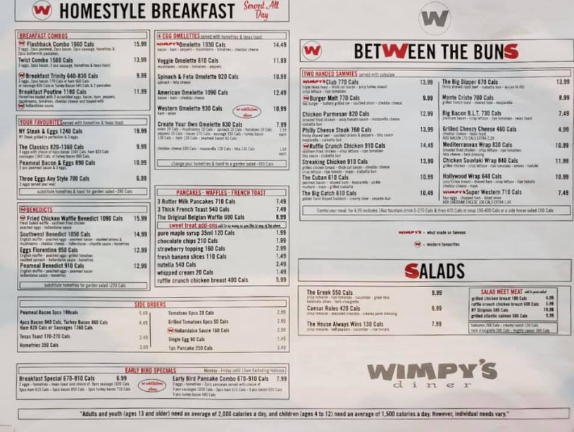 Wimpy's Diner Menu Canada List