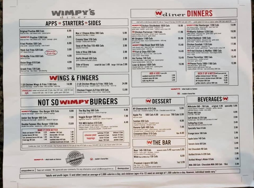 Wimpy's Diner Menu Canada Price
