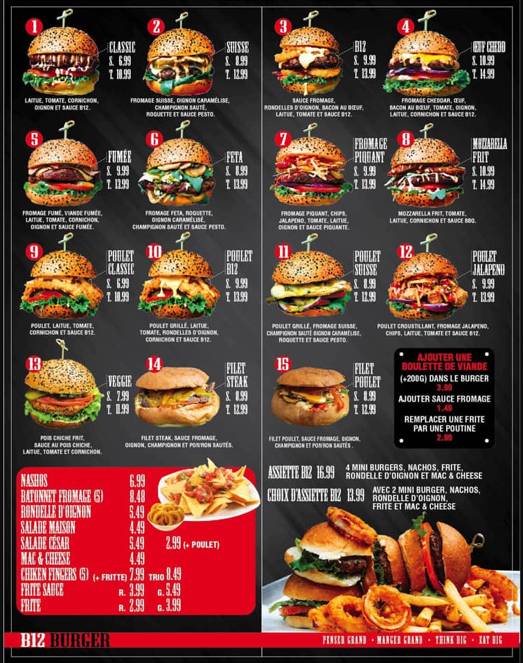 B12 Burger Menu Canada List
