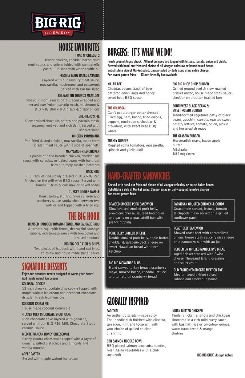 Big Rig Kitchen & Brewery Menu Canada & Latest Prices 2023