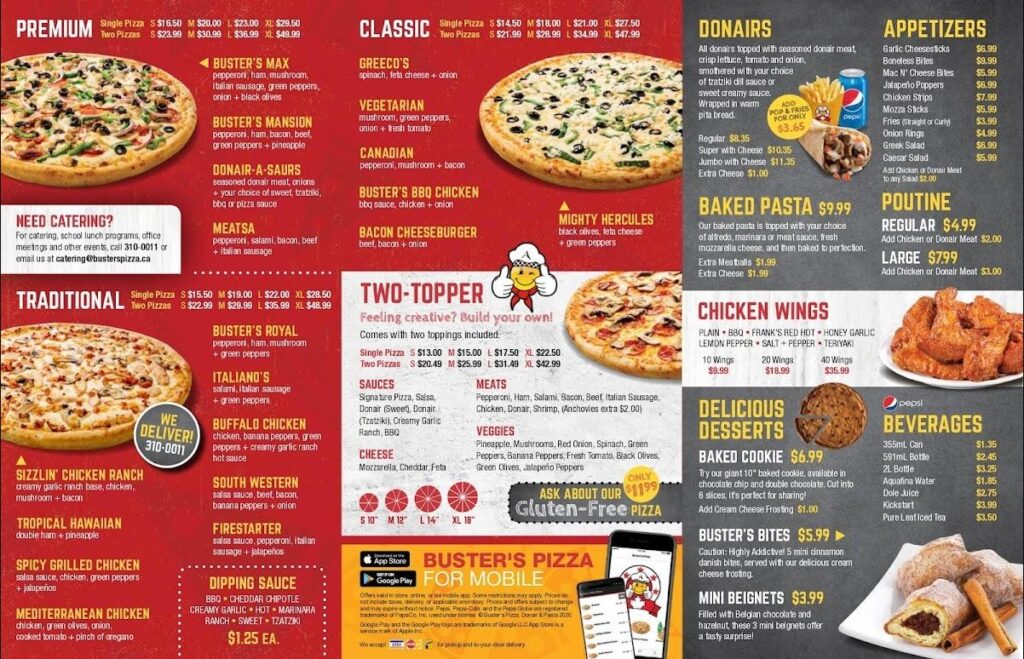 Buster’s Pizza Menu Canada List