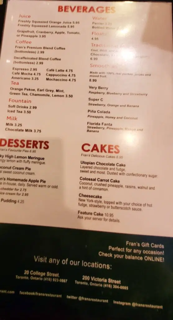 Fran’s Restaurant Menu Canada Desserts