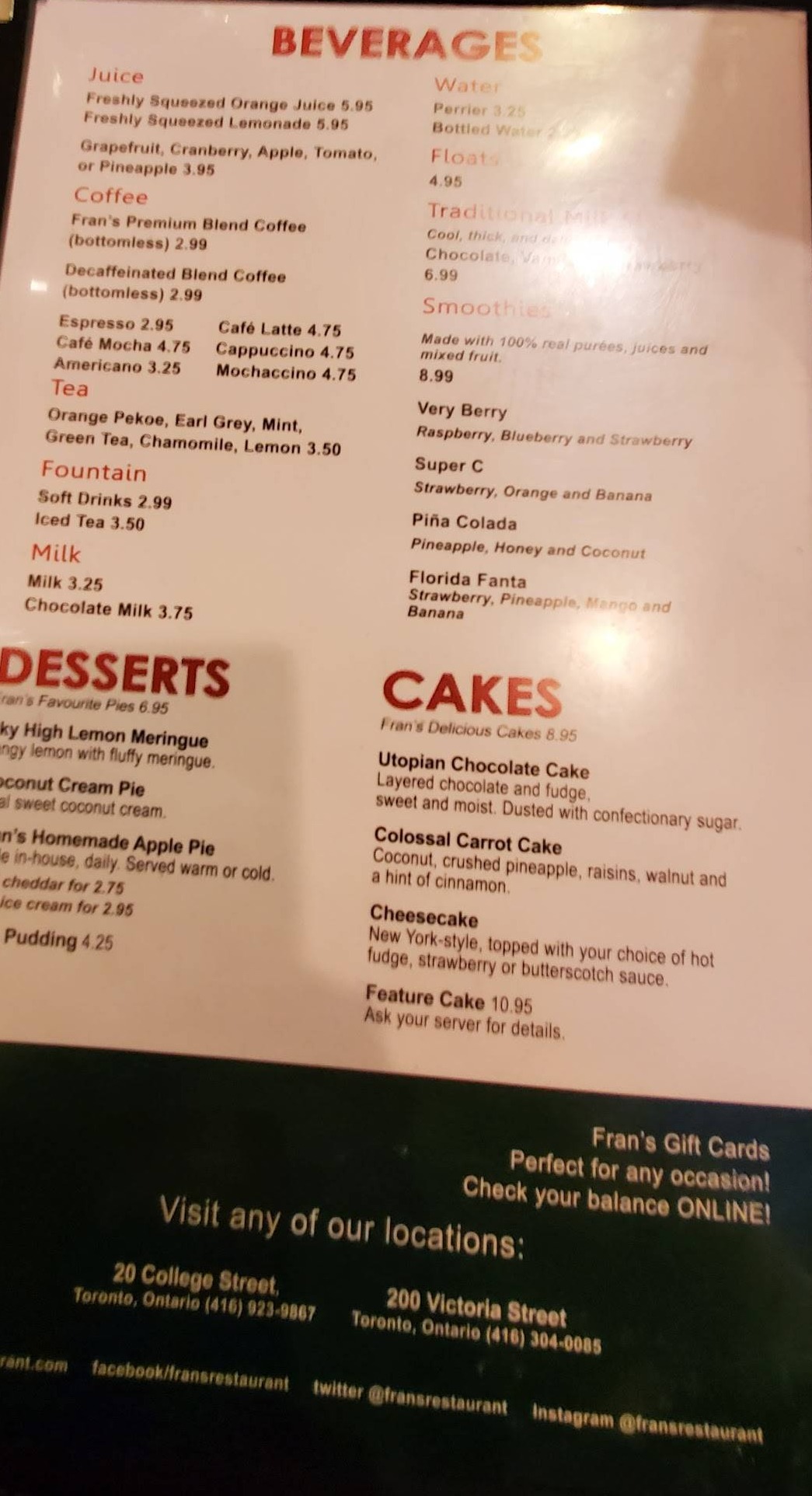 Fran’s Restaurant Menu Canada & Latest Prices 2023