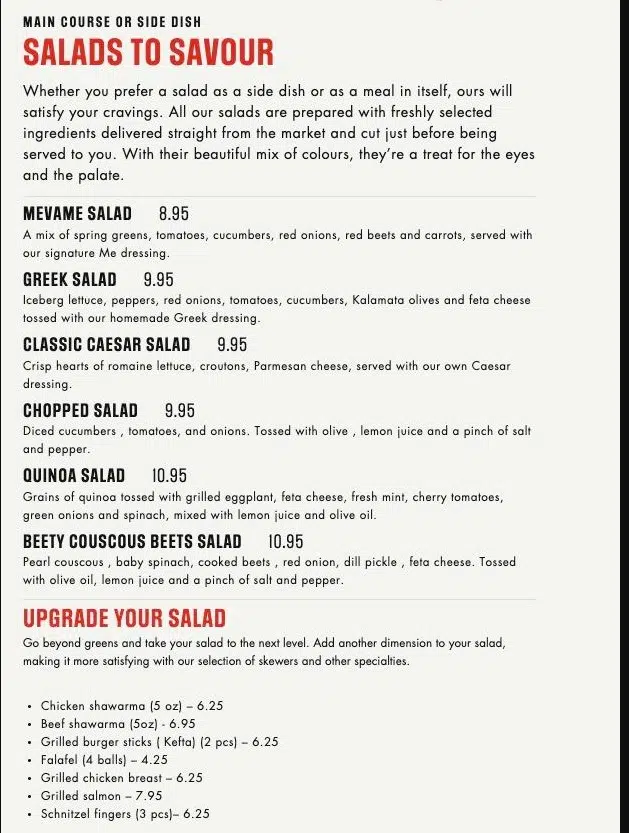 Me va me menu canada Salads