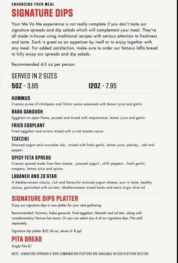 Me va me menu canada Signature Dips