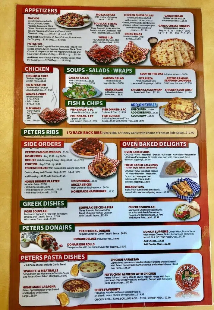 Peters pizzeria menu Canada List