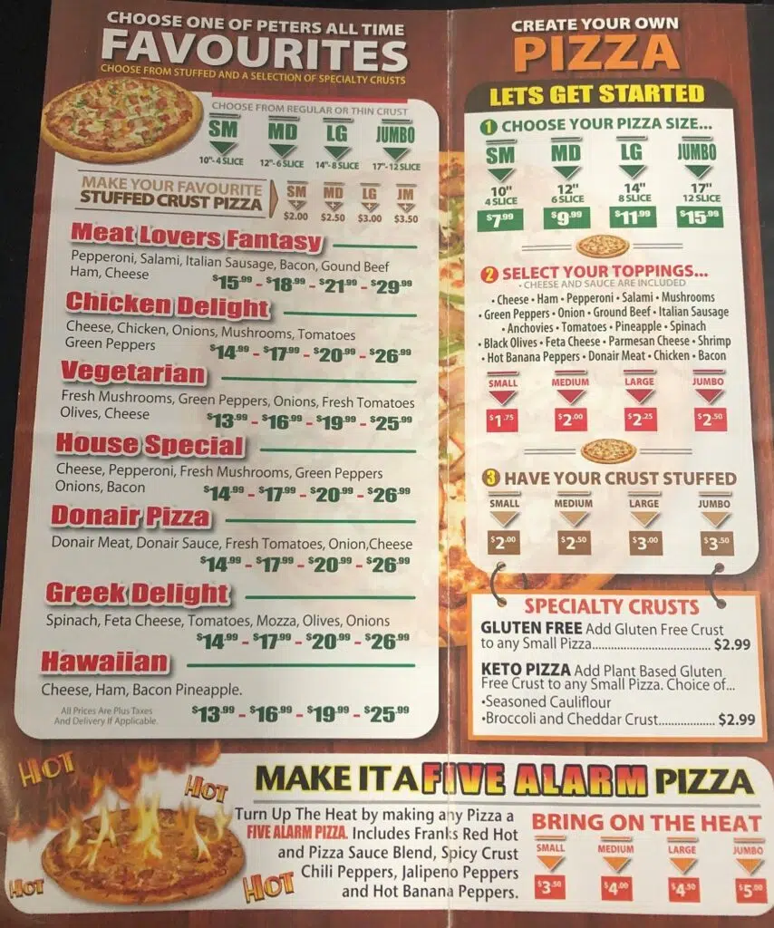 Peters pizzeria menu Canada Fvourites