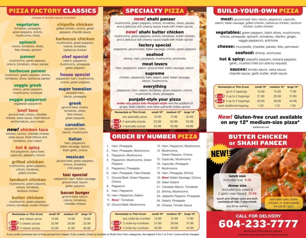 Pizza Factory Menu Canada List