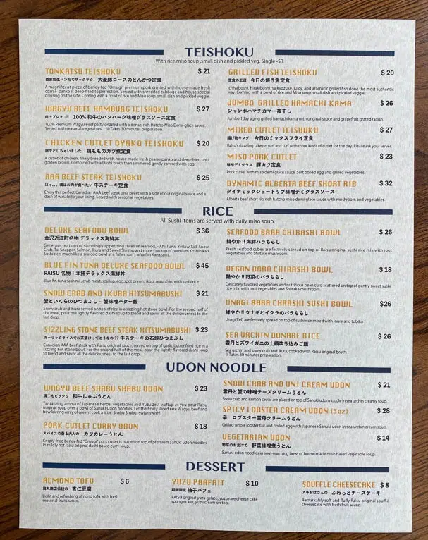 Raisu Menu List Canada