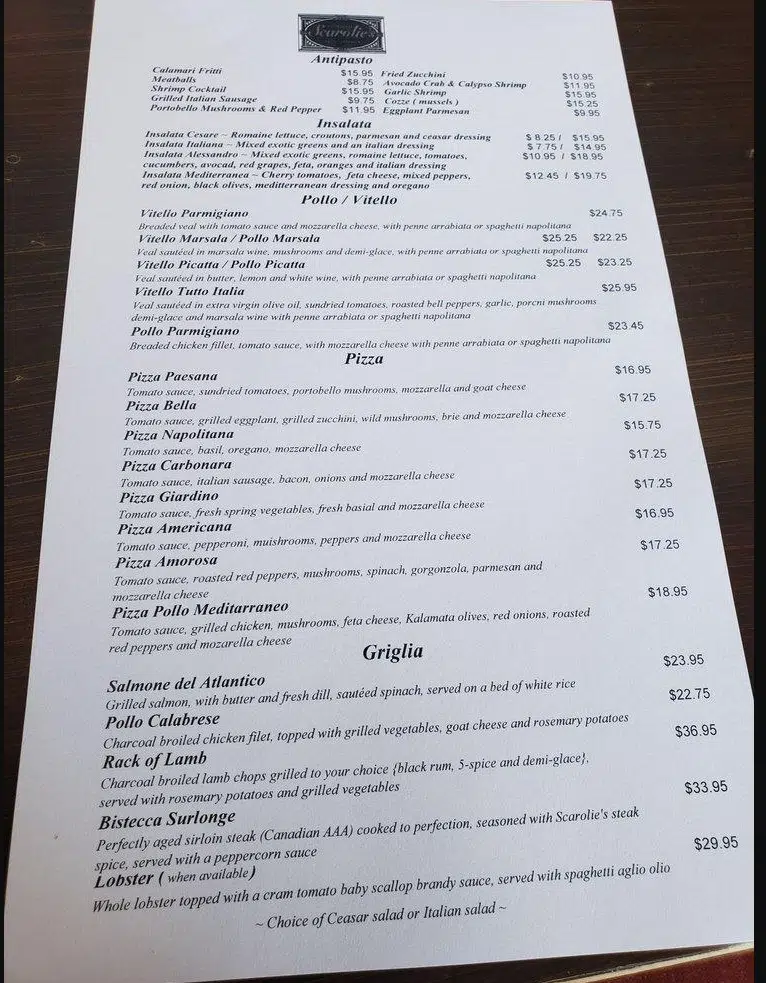 Scarolies Pasta Emporium Menu Canada List