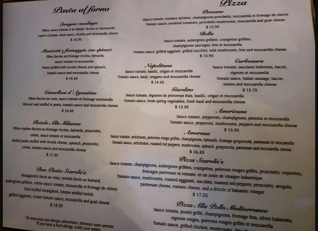 Scarolies Pasta Emporium Menu Canada Price