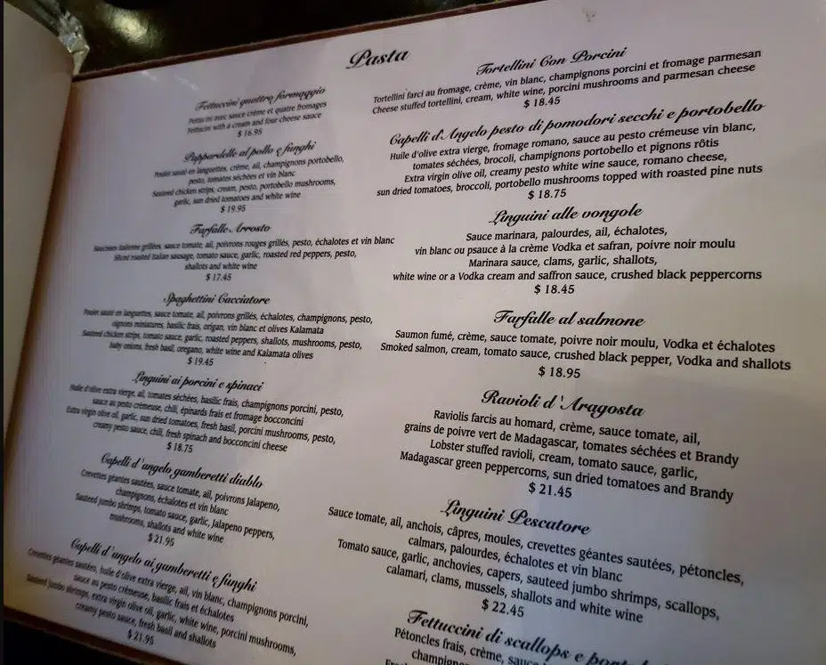 Scarolies Pasta Emporium Menu Canada Pasta