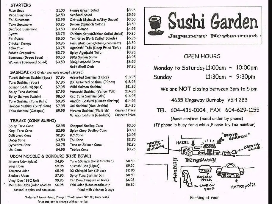 Sushi Garden Menu Canada List