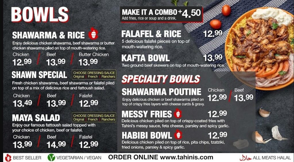 Tahini's Shawarma Menu Canada Bowls