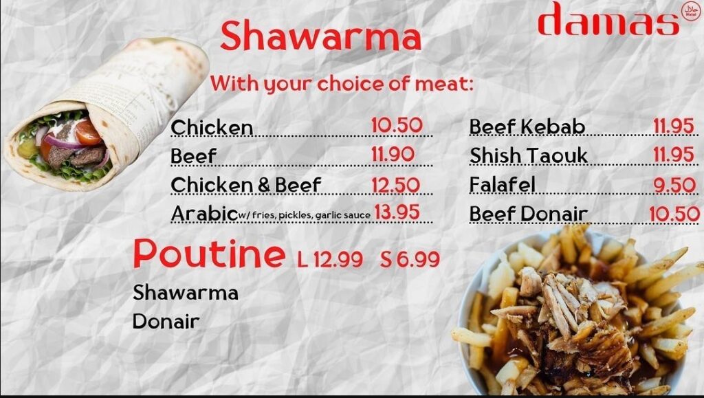Damas Cafe Menu Canada Shawarma